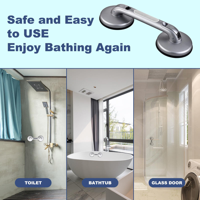 Shower Handle Shower Grab Bars for Bathtubs and Showers,Strong Hold Suction Cup Grip Grab,Bath Handle Heavy Duty Grab Bars for Handicap Elderly Seniors Bathroom（Silver Grey） Silver