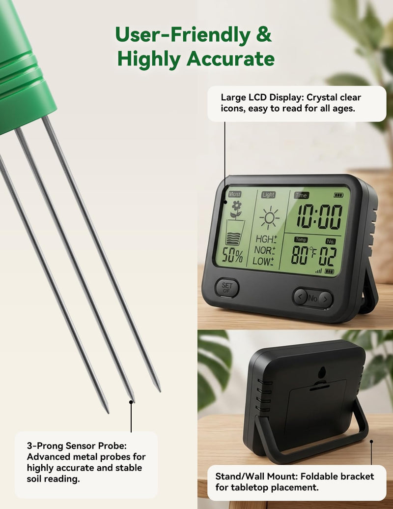 Nexuslab Wireless Soil Moisture Meter with LCD Receiver – 3‑Probe 3‑in‑1 Sensor (Moisture, Temperature, Light), 230 ft RF Range, Waterproof, Long Battery Life for Indoor/Outdoor Plants and Gardens Main Unit + 2 Sensors
