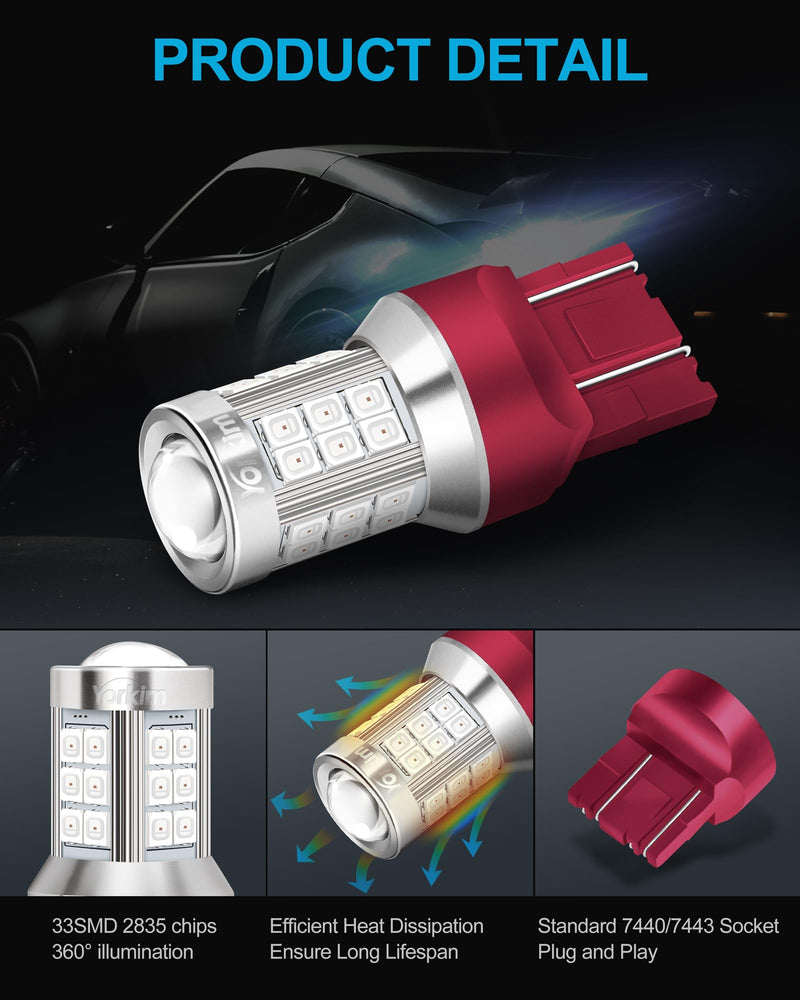 Yorkim 7443 led bulb red, 7440 bulb red 7444na led with Projector Replacement Lamp for Stop Lights Brake、Tail Light, pack of 2 Red pack of 2
