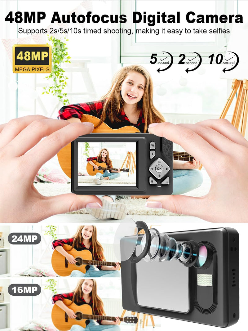 Digital Camera - 48MP, FHD 1080P, 18X Dig Zoom, Anti-Shake, 2.83" LCD, 32GB Card. Vlog Camera, Portable for Travel. Compact Point-and-Shoot for Kids, Teens, Students, Beginners (Black) Black