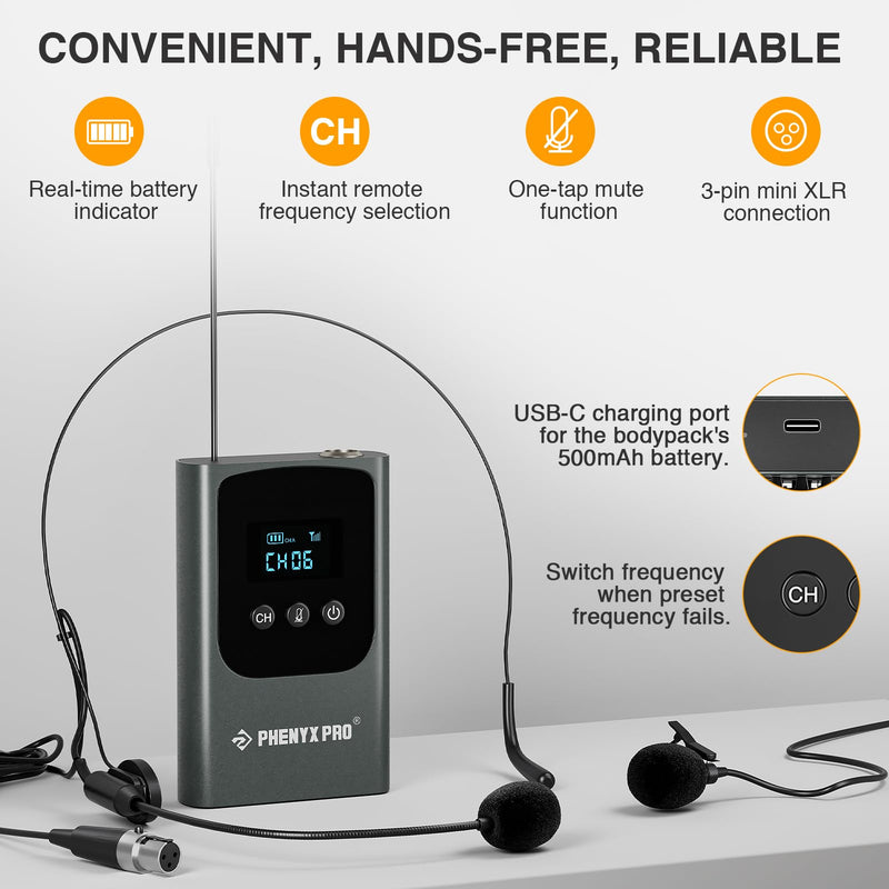 Phenyx Pro Dual Digital Wireless Microphone System, w/Handheld Dynamic Microphone, Bodypack Transmitter, Mini Receiver, 2x15 UHF Frequencies, Headset/Lapel Mic for Singing (PDP-2-1H1B)