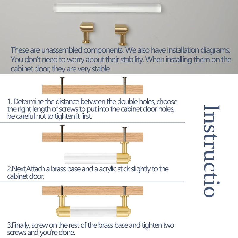 Modern Brass and Acrylic Kitchen Cabinet Pulls 4 Inch Hole Center 4Pack Elegant Gold Drawer Handle Charming Dresser Knob for Closet Cupboard Wardrobe Laundry Room Bathroom Double Hole: 4 Inch