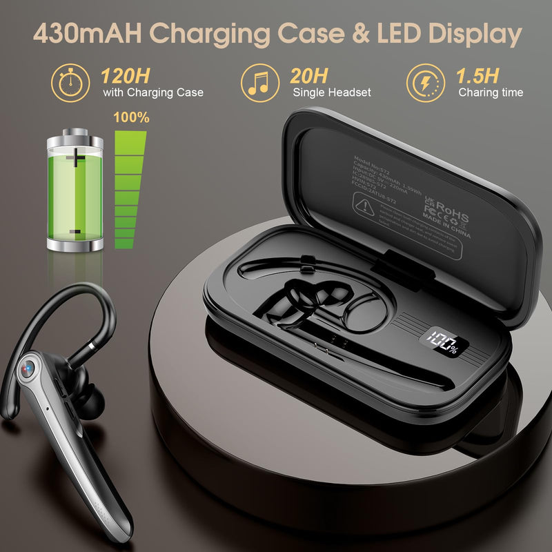 Atheewon Bluetooth Headset, Wireless Bluetooth Earpiece, Black | ENC Noise Canceling Mic, 120Hrs Talk, LED Display, IPX7, V5.4 Hand-Free Earphone for Business/Trucker/Driver