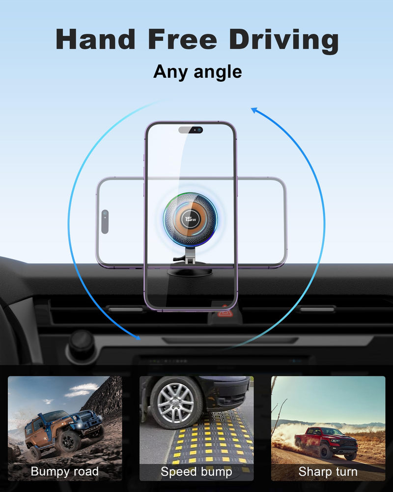 ZBF Magnetic Car Phone Holder, 15W for MagSafe Car Mount Charger(Fast Wireless Charging,Vacuum) 360°Adjustable Car Mount for Women Men iPhone 17-12 Upgraded 2-in-1 Model