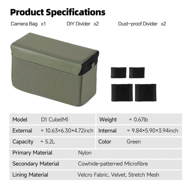 AMBITFUL D1 Cube Camera Insert, Medium/Large Padded Organizer with Dividers for Mirrorless DSLR, Black/Apricot (Green, M (5.2L)) Green M (5.2L)