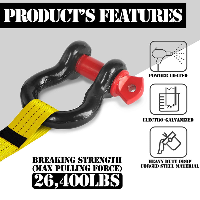 2 Pcs Shackles 1/2" D Ring Shackle 12 Ton (26,455 lbs) Maximum Break Strength with 5/8" Pin for Tow Strap Winch Off Road Vehicle Recovery 1/2 Inch Black & Red 2