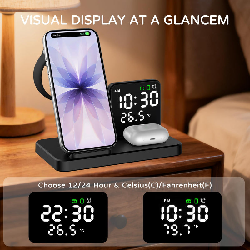 5 in 1 Wireless Charging Station with Alarm Clock Pen Holder, Fast Wireless Charger for iPhone 17/16/15/14/13/12/Pro/Max/Air, for iWatch & AirPods, Charger Stand with Temperature, Snooze Model Black