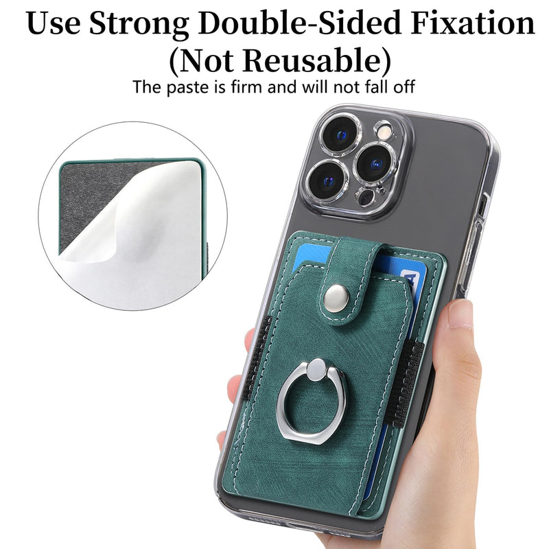 Cell Phone Card Holder with Ring Grip,Adhesive Phone Card Wallet,Green | Holds up to 3 cards;360° ring works as grip and kickstand,Can be used on most phones or phone cases larger than 5.8 inches.