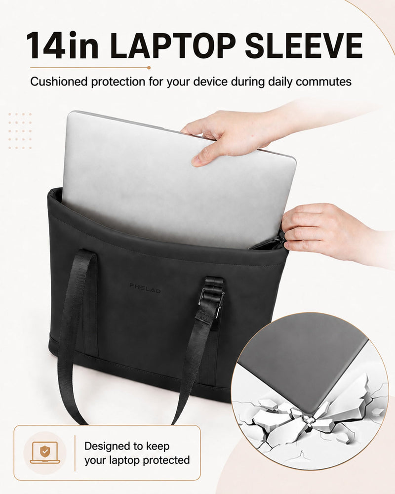 FHELAD Laptop Tote Bag for Women, Vegan Leather Work Shoulder Bag | 14 in Laptop Compatible, Tracker Slot, Padded, Compact, Office, College Black