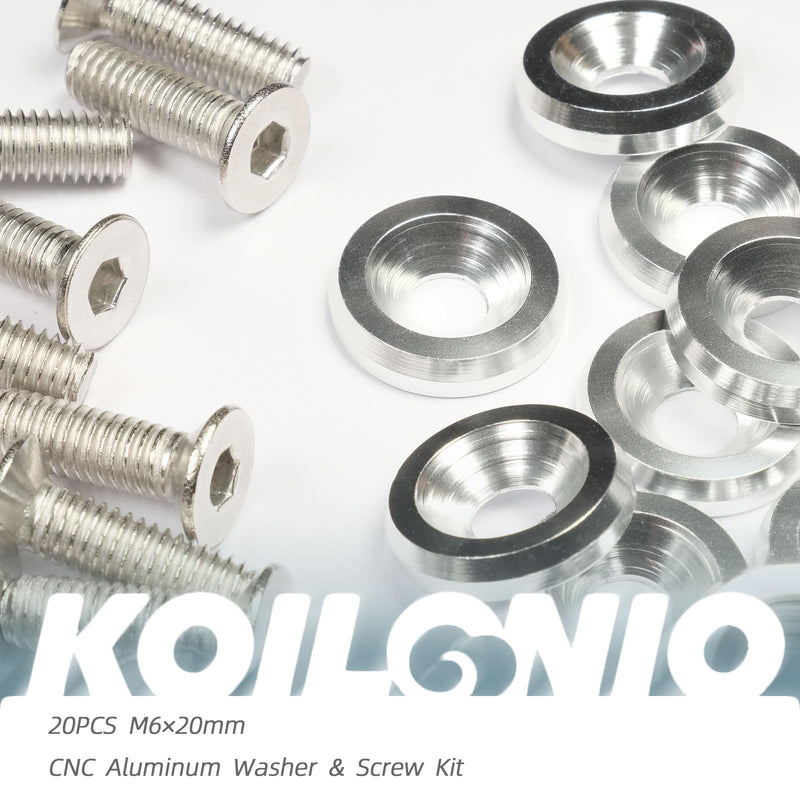 20PCS M6×20mm CNC Aluminum Washer and Bolt Kit – 6-Color Engine Bay Dress-Up Fasteners for Fender, Bumper, Body Panels (SilverTone) SilverTone