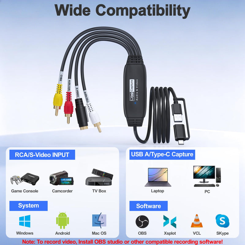 VHS to Digital Converter, RCA to USB Converter for VCR, Hi8, Mini DV, 1080P | Preserve Old Memories, Plug-and-Play, Transfer Home Videos to Computer, Popular Recording Software
