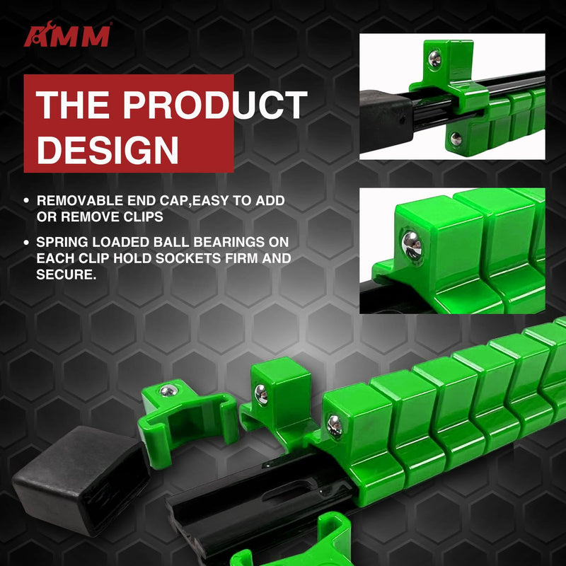 AMM 9-Piece Socket Organizer, 1/2 inch, 3/8 inch and 1/4 inch Drive ABS Tools-Green Socket Holder,Heavy Duty Socket Racks, Premium Quality Socket Clip Rail Holder,The Best Tool Trays in The Garage 9PC Green
