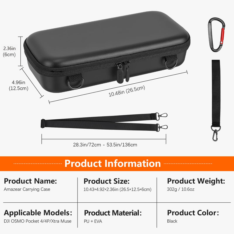 AMAZEAR Carry Case for DJI OSMO Pocket 4P, Pocket 4 Pro Accessories Compact Hard Shell Cover Travel Bag for Pocket4 / Xtra Muse with Shoulder Strap, Storage, Organization, Protection, Black