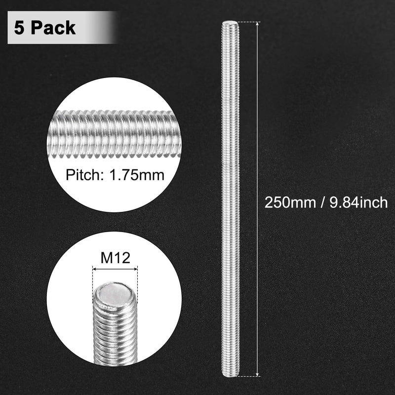 M METERXITY 5-Pack Fully Threaded Rod, M12x250mm 304 Stainless Steel Right Hand Thread Bar Studs for Furniture Anchor Bolts/Clamps/U-Bolts, Metric Threaded Screw