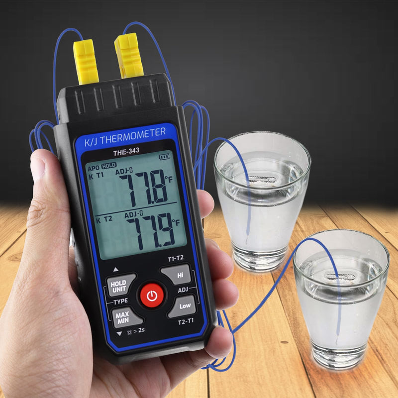 Thermocouple Thermometer Digital K/J Type with 4 K Type Thermocouple, HVAC Thermometer with Alarm & Adj Compensation, Temperature Meter -328°F ~ 2501°F Measuring Range