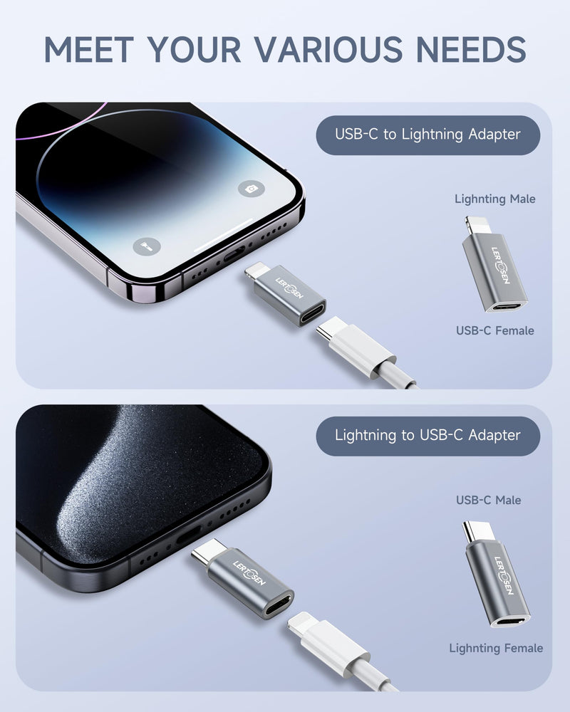 Lightning Female to USB-C Male Adapter & USB-C Female to Lightning Male Adapter (4 Pack) for iPhone Series and More Lightning & USB-C Devices,Support Charge & Data Sync,Not for Audio/OTG 4 Pack Grey
