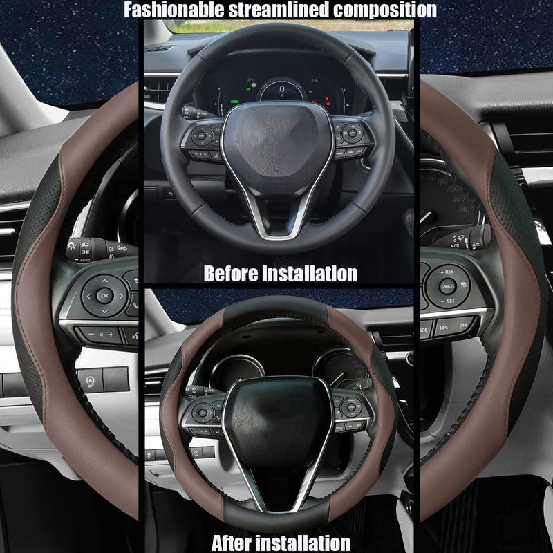 Steering Wheel Cover Universal Standard Size 14.5-15 inch, Breathable Microfiber Leather, Anti-Slip, Soft Grip, Sporty Design, Fits for Cars SUVs Trucks, Black and Chocolate Brown Black and Brown
