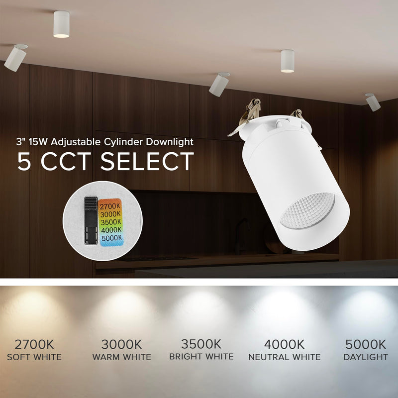 Maxxima 3 in. LED Cylinder Downlight, Recessed Ceiling Spot Light, 1000 Lumens, 5 CCT Selectable 2700K/3000K/3500K/4000K/5000K, Dimmable, White, 90 CRI, IC Rated, Canless, J-Box Included