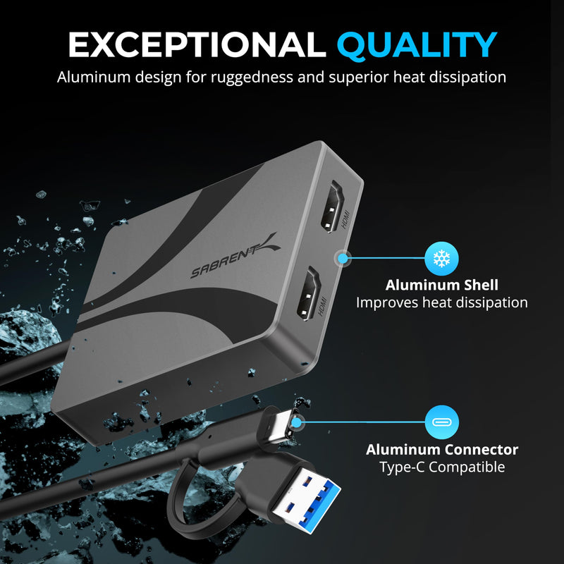 SABRENT USB Type-C/A to Dual HDMI Adapter, 4K@60Hz, Extended & Mirror Modes, Alt Mode + DisplayLink Compatible, Stereo/5.1 Audio, HDCP Support, Aluminum Housing, Plug & Play, (DA-CA2H)