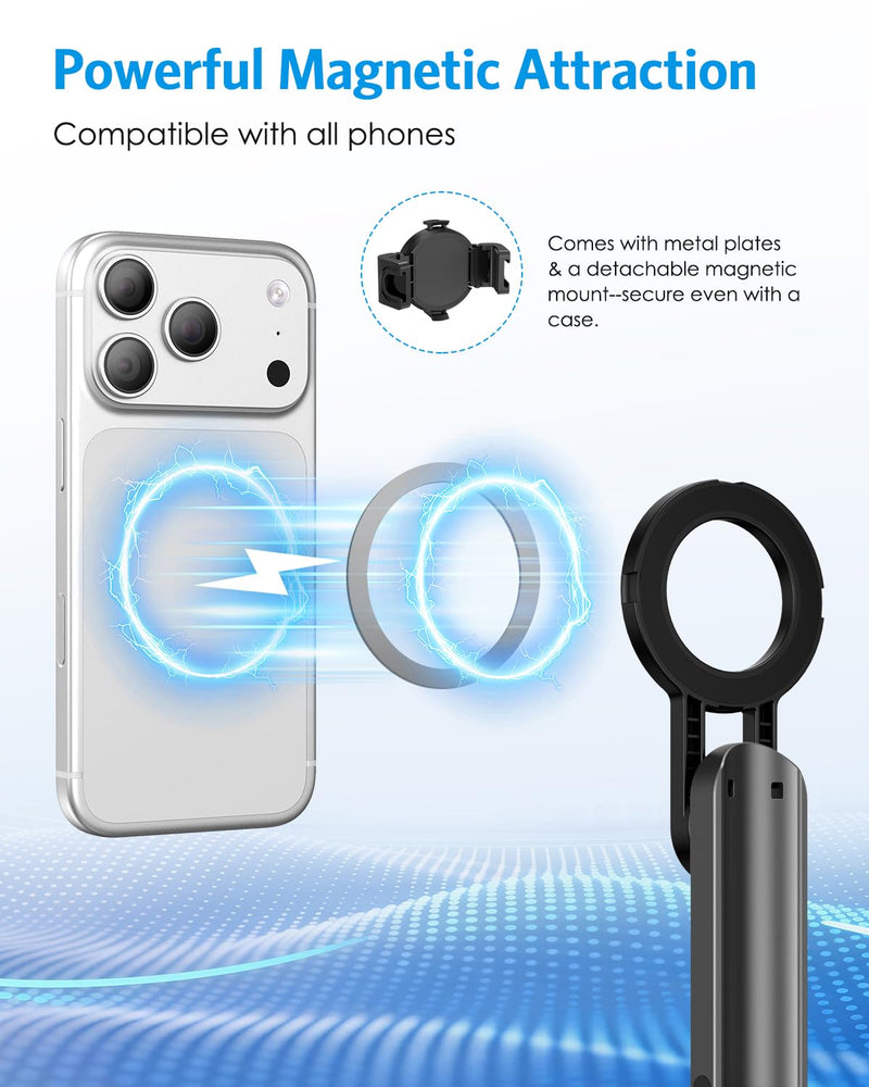 AMIR 5-in-1 Magnetic Selfie Stick with Remote for Cell Phone | 5-in-1 Magnetic Selfie Stick, Mini tripod, Camera Grip, Phone Stand, Stabilizer, 360 Rotation, Pocket Size, Extends 25in
