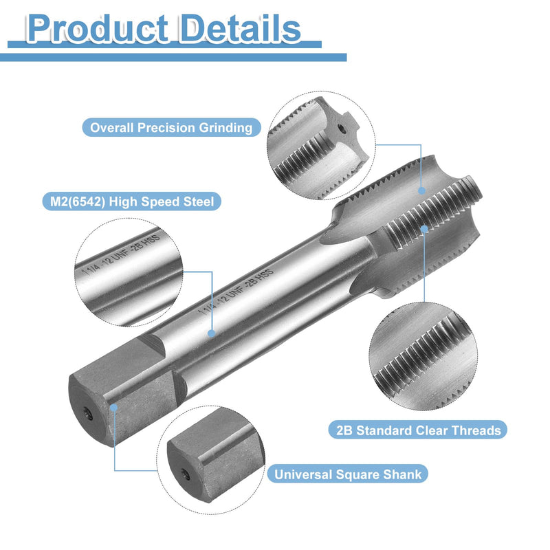 uxcell Hand Bottom Tap 1-1/4-12 UNF 2B Thread Bottoming Style Threading Taps High Speed Steel HSS6542 Straight Flutes Screw Tapping Tool