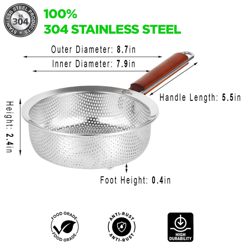 304 Stainless Steel Strainer Basket with Self-Draining Solid Base Ideal for kitchens, pasta, fruits, vegetables, frying, and water-based cooking - 8.7in Caliber-8.7in
