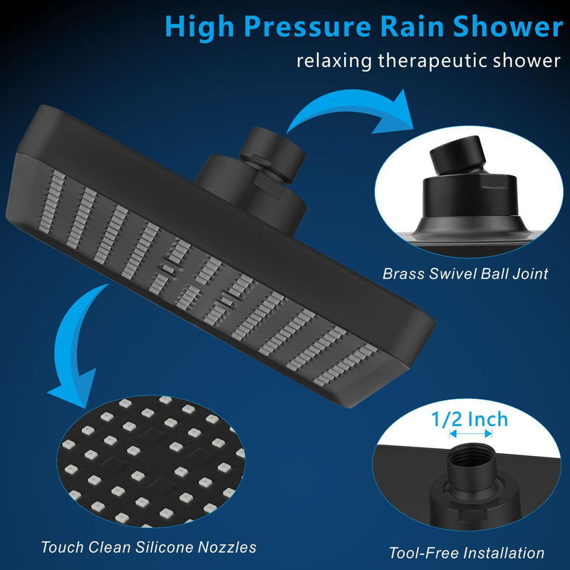 Voolan High Pressure Rain Shower Head - Luxury Modern Look - The Adjustable Replacement For Your Bathroom Showerhead - 6" Square High Flow Pressure Boosting Showers (Matte Black) Matte Black