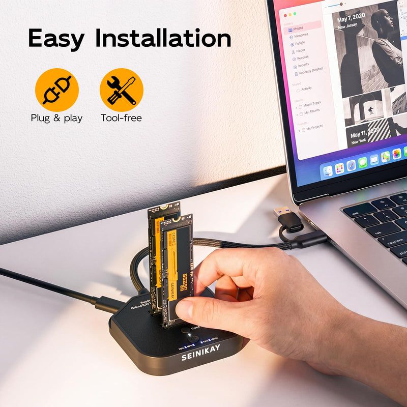 Dual Bay NVMe Cloner Duplicator with C to C-A Cable, USB-C 3.2 GEN2 16Gbps Offline Clone, M.2 PCIe NVMe SSD Reader Docking Station Adapter, Tool-Free, 5V 3A Power