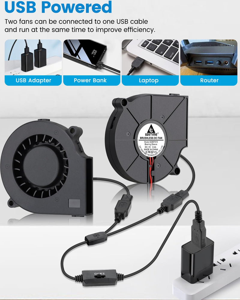 GDSTIME 2-Pack 75mm x 15mm USB Blower Fan with 3 Speed Control, DC 5V Brushless Turbo Cooling Fan for Helmet Laptop 3D Printer