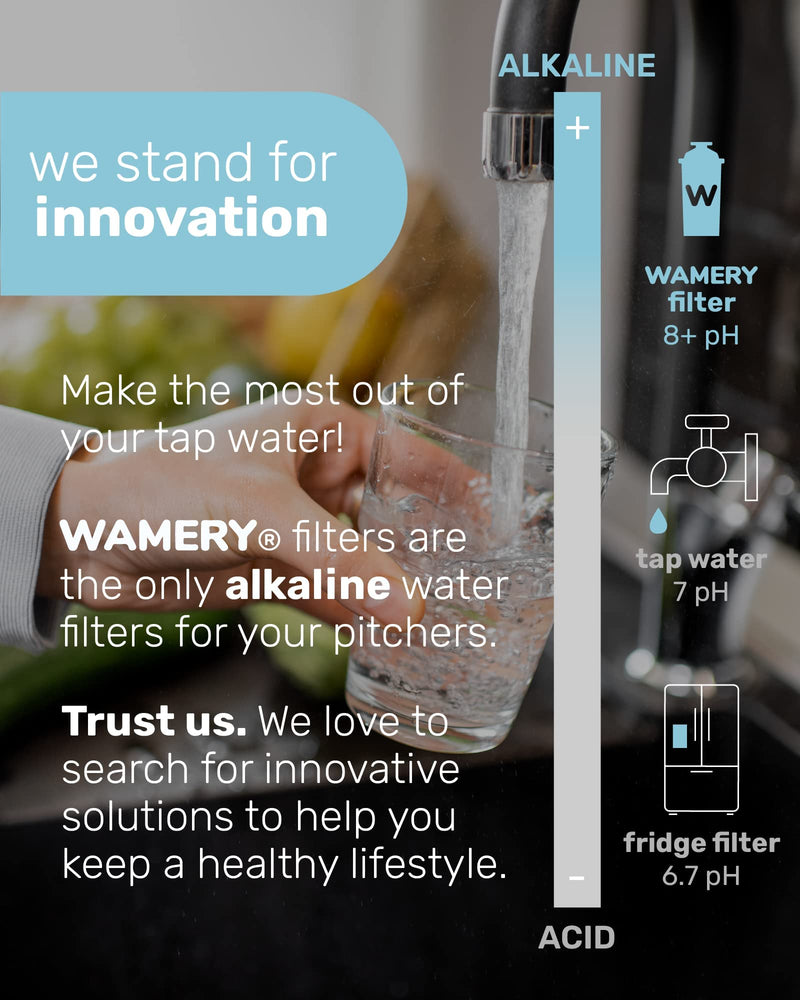 Wamery Alkaline Pitcher Water Filter Replacement for Brita Pitchers - 3 Pack, Improves pH & Taste, 42‑Gallon Each, Coconut Activated Carbon, Leak‑Free Fit, Easy Install