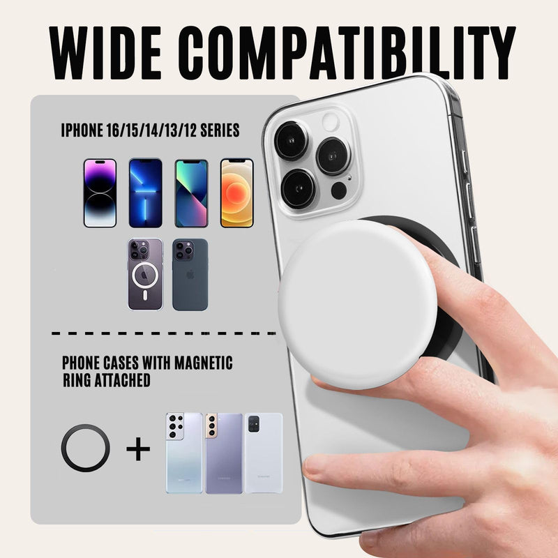 Magnetic Silicone Black White Phone Grip with Metal Ring, Expanding Collapsible Kickstand for MagSafe for iPhone 17/16/15/14/13/12, Tablets & E-Readers
