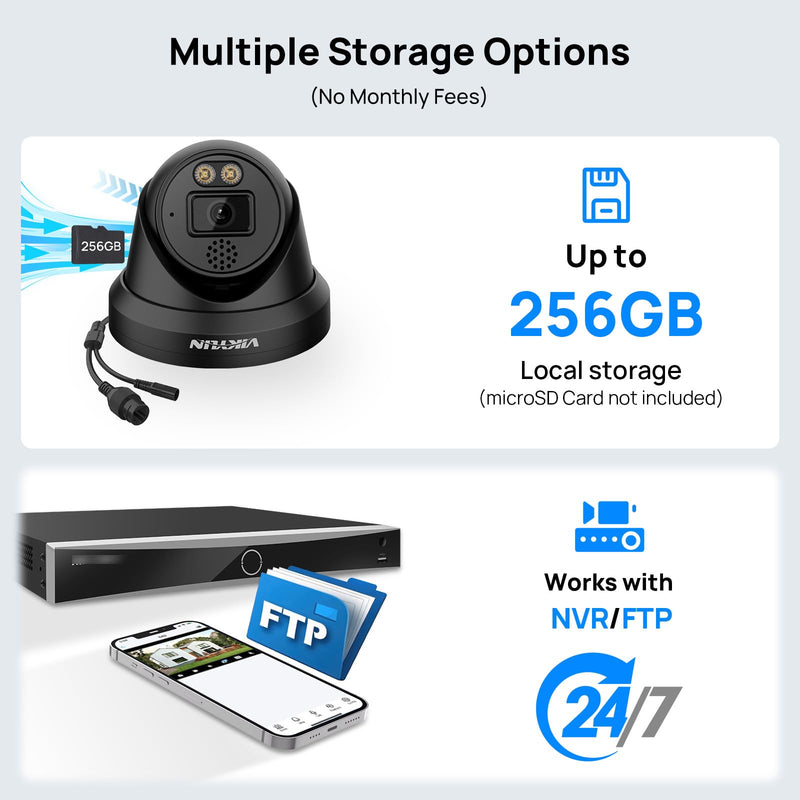 VIKYLIN 4K 8MP Full Color PoE IP Camera, Outdoor 4K PoE Turret Camera with AI Human/Vehicle Detection, 2 Way Talk,2.8mm Lens,F1.0 Aperture,98ft Color View Night Vision,IP67,Blue Iris,NDAA,2387C Black Color AI Camera / Black