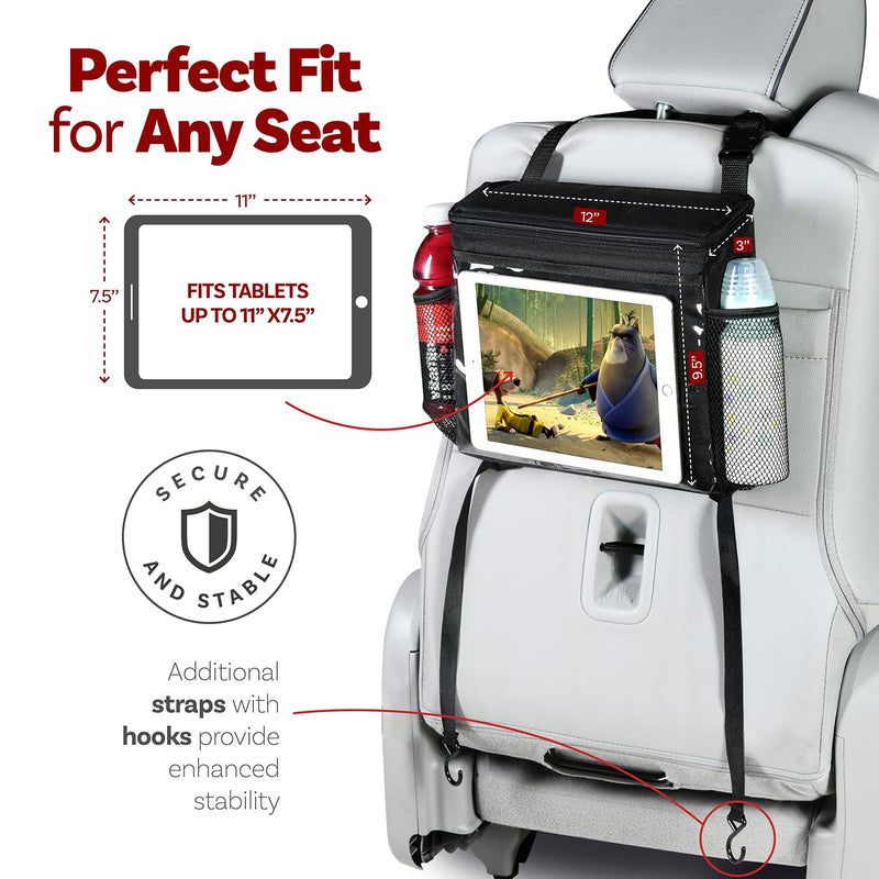 lebogner Insulated Car Seat Back Organizer + iPad And Tablet Holder, Auto Driver Or Passenger Accessories Organizer, Vehicle Front Seat Caddy, Personal Travel Cooler Storage Bag For Adults & Kids Black