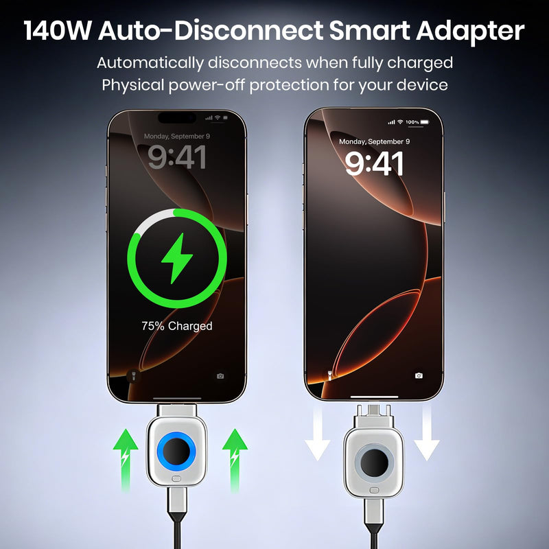 140W Smart Auto Stop Charging Adapter with AI Full-Charge Disconnect | Type C Auto Cut-Off Charger Protector Smart Charger, Prevent Battery Aging and Extend Equipment Lifespan for Phone Laptop