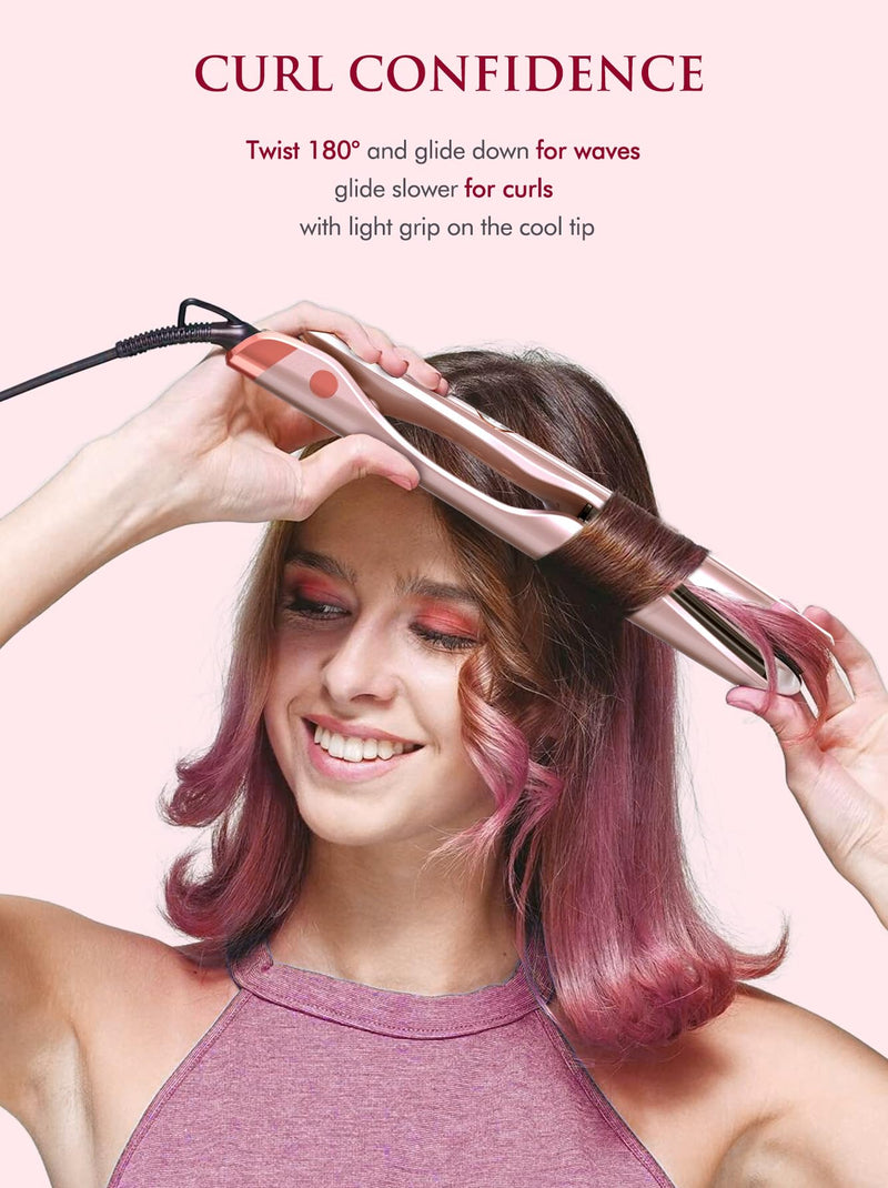 LANDOT Hair Straighteners and Curlers in One Ceramic Curved Twist Flat Iron | Multi Styler, Straighten Curl Wave, Tourmaline Ionic Smooth Glide, Anti-Frizz, 12 Temps 120-230°C, All Hair Types, Fast Heat Rose Gold