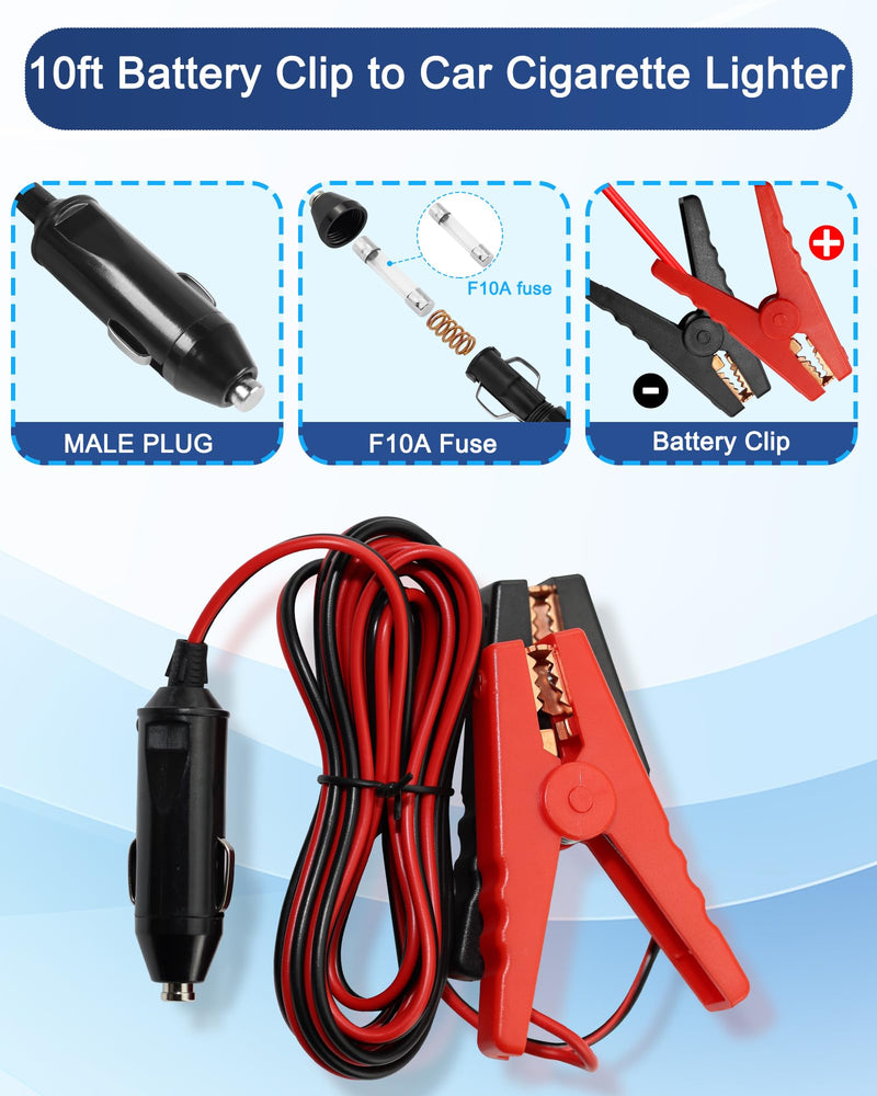 10FT Alligator Clamp to Male Cigarette Lighter Cable,12V/24V 18AWG Cigarette Lighter Male to Battery Clips Adapter Extension Cord with 10A Fuse