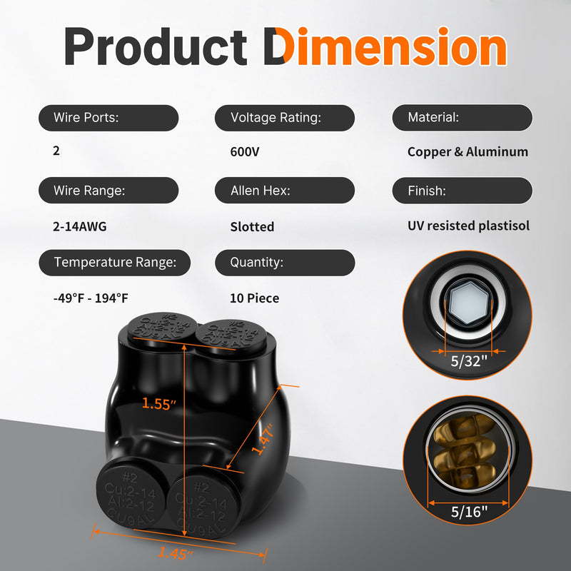 Joinfworld 2 Port Insulated Multi Tap Connector 2-14AWG Aluminum to Copper Wire Connectors Single Side Entry Aluminum Black Electrical Cable Connectors with Slotted Allen Hex - 10 Pack 2-14 AWG(10pcs)