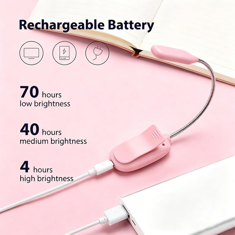 Book Light, Rechargeable Reading Light 7 LED Easy Clip on Reading Lamp, 3 Color Temperature, Clip on Reading Lights for Books in Bed，Portable Task Lamp (Pink) Pink