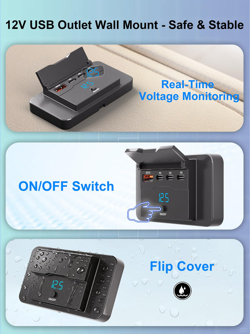 12V RV USB Outlet Wall Mount Panel: 40W 4 Ports USB Socket Car Charger | 3* 20W PD3.0 Type-C & 1* 18W QC3.0 Quick Charging with LED Light Power Switch for RV Truck Boat Golf Cart Marine Bus