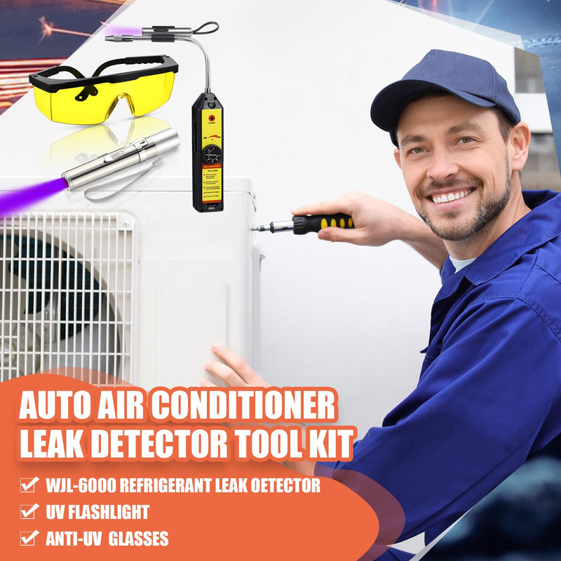 Auto Air Conditioner Leak Detector Tool WJL-6000 Refrigerant Leak Detector with 365nm LED Flashlight and UV Protective Glasses for HVAC Air Conditioner R22 R410A R134A(Yellow) approx. 8.46 of head length Yellow