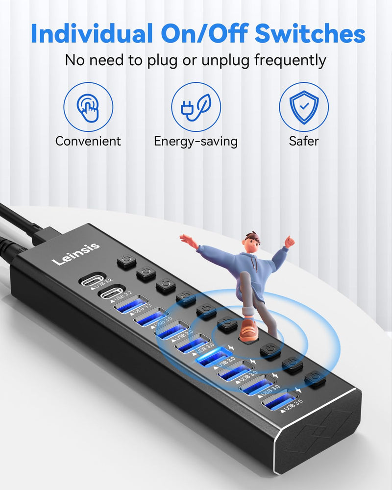 Powered USB Hub 3.2, LEINSIS 10-Port USB 3.2/USB C Hub (10Gbps USB-A 3.2 +2 USB-C 3.2 +7 USB 3.0 Ports) with Individual On/Off Switches and 12V Power Adapter, Aluminum USB Hub Powered for Laptop PC 10-Port USB 3.2 Hub light black