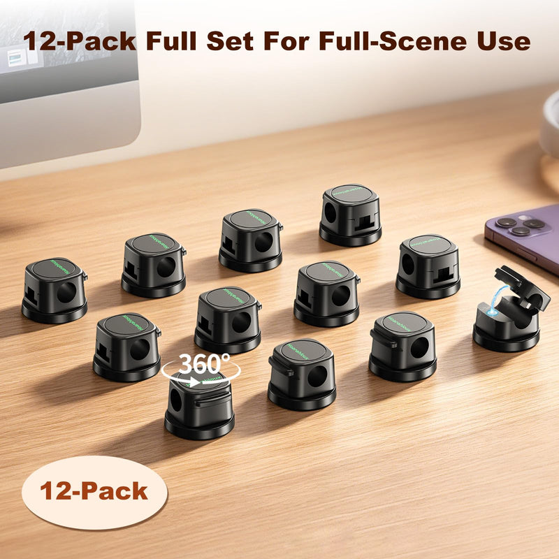 Magnetic Cable Clips 12 Pack, 360° Rotatable Self-Adhesive Cord Holder with One-Hand Open Lid, Cable Management for Nightstand Desk Car Phone Charger