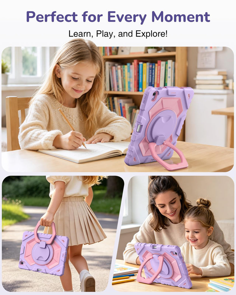 Fintie Kid-Friendly Case for iPad Air 11-inch & iPad Air 5th/4th Gen 10.9" | 360° Rotating Stand, Heavy Duty Shockproof Cover with Built-in Screen Protector, Shoulder Strap for Easy Carry, Purple