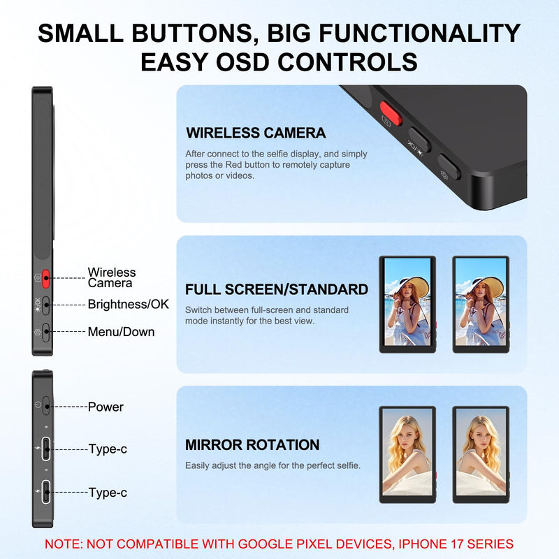 4" Magnetic Phone Vlog Selfie Monitor Screen, 1080P Wireless Recording, Phone Selfie Monitor Screen Back Camera Monitor for Selfie Vlog Live Stream TikTok,Compatible with iPhone, Android