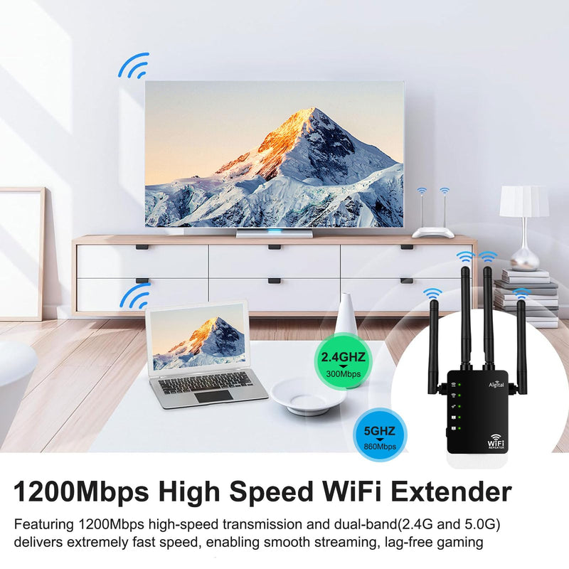 1.2Gbps WiFi Extender Signal Booster, Long Range AC1200 WiFi Booster Dual Band 5GHz /2.4GHz WiFi Repeater Support Onemesh, WPS Setup, 2 Ethernet Ports,Covers Up to 2800 Sq.ft and 45+ Devices