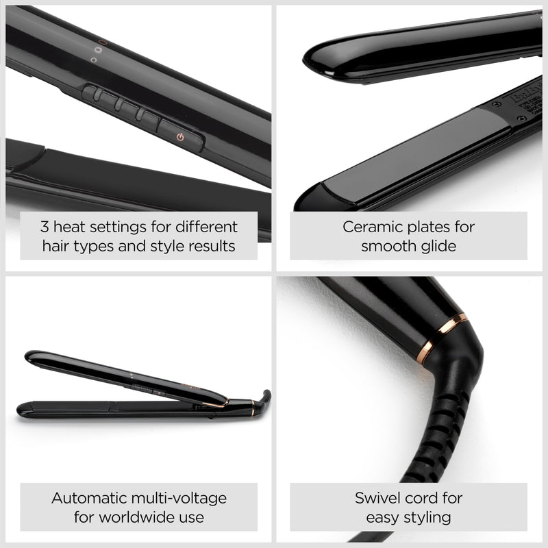 BaByliss Rose Lustre Hair Straighteners – Ceramic Smooth‑Glide Plates for Sleek & Frizz‑Free Styling, 30s Fast Heat‑Up, (180-230°C), Straightening & Smoothing Flat Iron, Worldwide Use, 2515DU Black