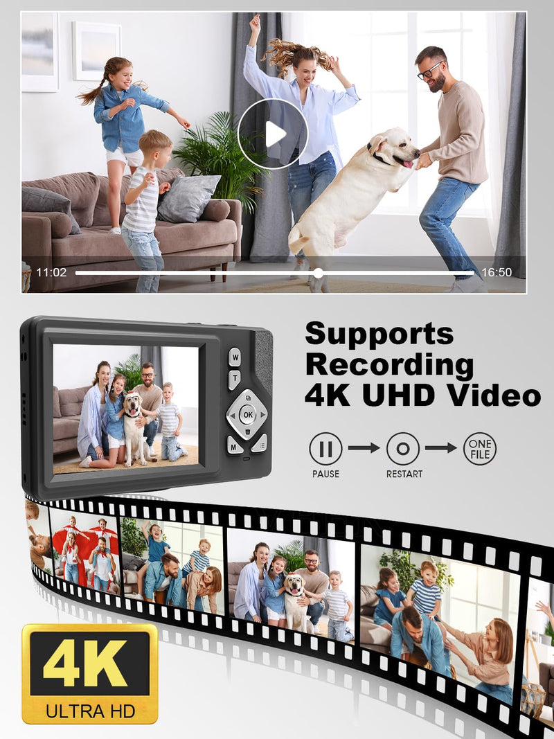 Digital Camera - 48MP, FHD 1080P, 18X Dig Zoom, Anti-Shake, 2.83" LCD, 32GB Card. Vlog Camera, Portable for Travel. Compact Point-and-Shoot for Kids, Teens, Students, Beginners (Black) Black