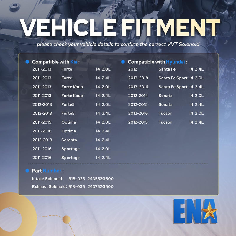  [AUSTRALIA] - ENA Engine Variable Valve Timing Solenoid Compatible with Hyundai Santa Fe Sport Tucson Kia Optima Forte Koup L4 2.0L 2011-2018 Intake Exhaust Camshaft Position Actuator Solenoid for 918-036 Set of 2