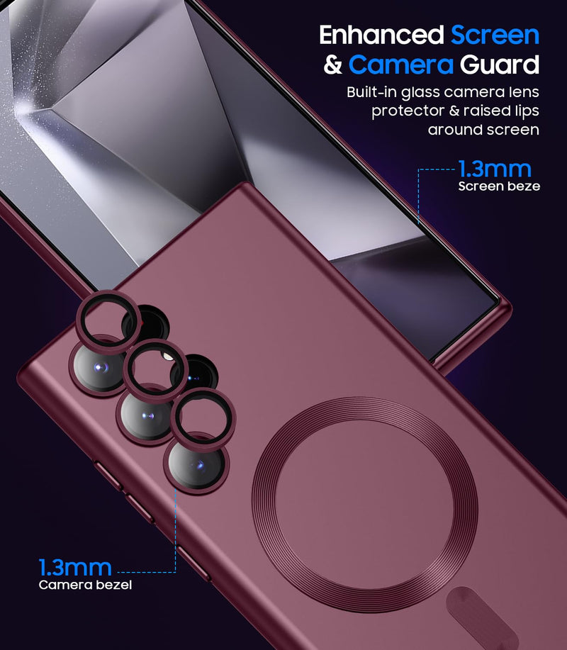 LEKEVO Magnetic for Samsung Galaxy S24 Ultra Case [Compatible with MagSafe][Built-in Camera Lens Protector] Slim Soft Silicone Bumper Shockproof Metallic Luster Phone Case (Burgundy) Burgundy