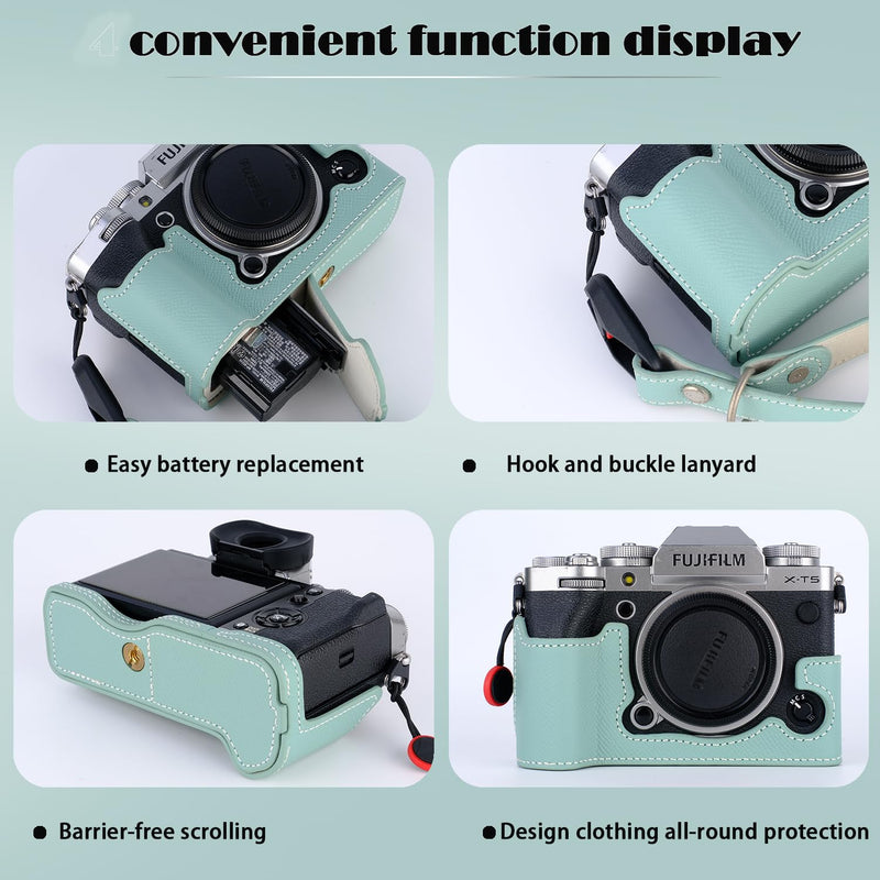 Bowan X-T5 Camera Case, Handmade Genuine Real Leather Half Camera Case Bag Cover for Fujifilm Fuji X-T5 X-T5 Camera Bottom Opening Version + Hand Strap (Mint green) Mint green